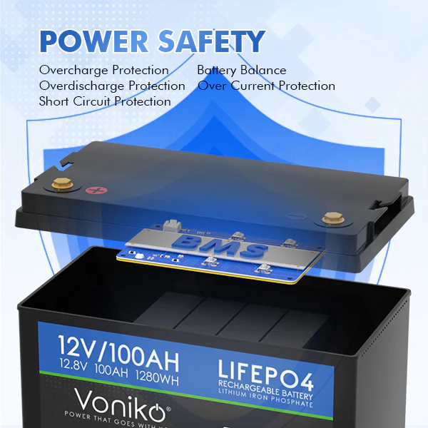 Batería de litio Voniko LiFePO4 de 12 V y 100 Ah: BMS integrado de 20 A - Imagen 4